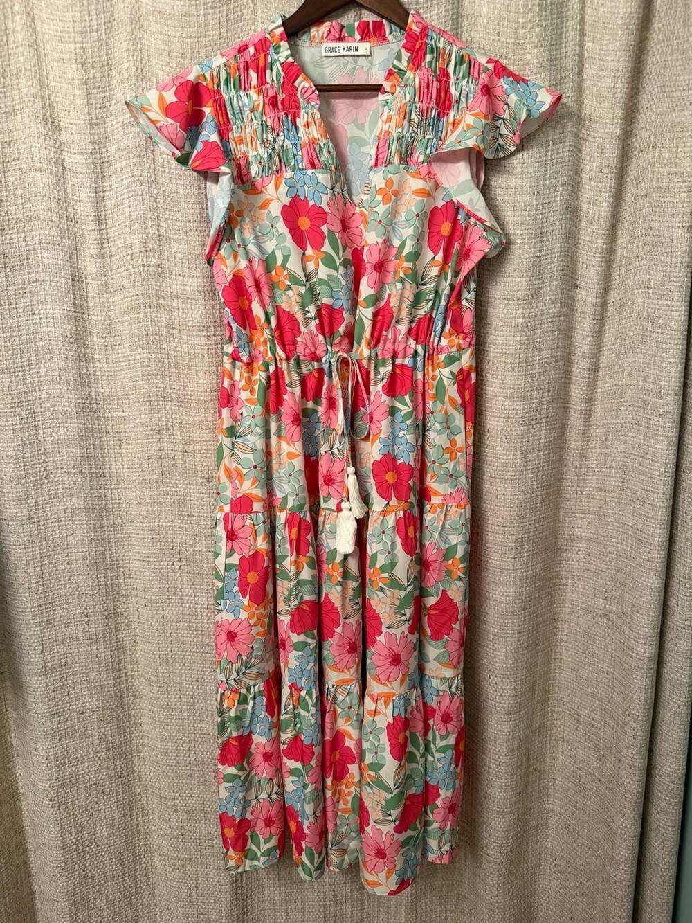 Grace Karin Floral Tiered Maxi Dress Size M Flutter Sleeve